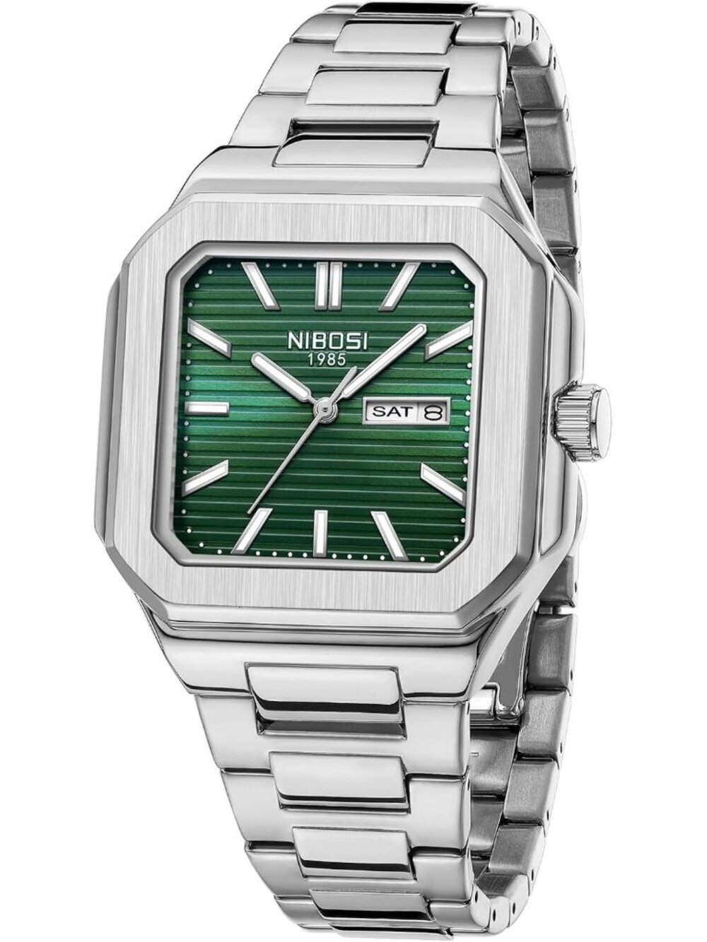 Nibosi Men's Silver Green Analog Quartz Stainless Steel Waterproof Square Watch